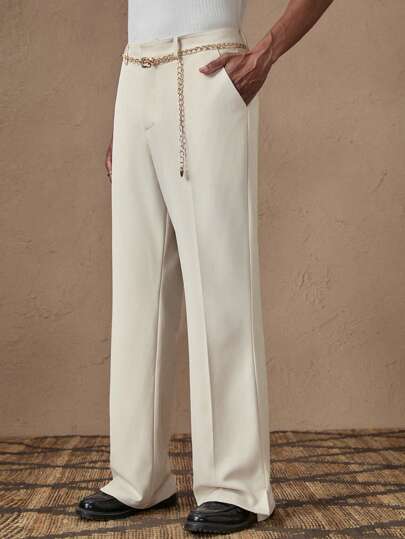 男士修身纯色梭织休闲西装裤，配金属链条腰带，适合夏季、度假、日常穿着、派对、情侣装、男士礼物