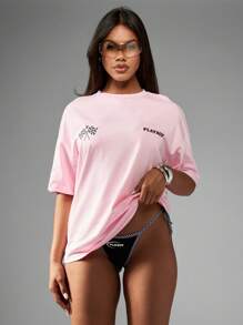 Missguided x Playboy Racing Checkerboard Oversized T-Shirt Streetwear Casual Summer Festival Graphic Print Skater Urban Y2K Fashion Comfort