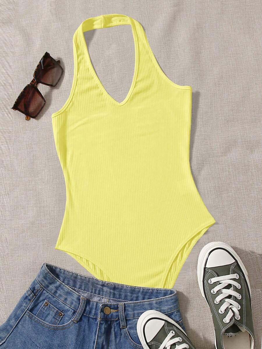 SHEIN EZwear 大码女式纯色罗纹吊带紧身衣 - 黃色 - 查看 1
