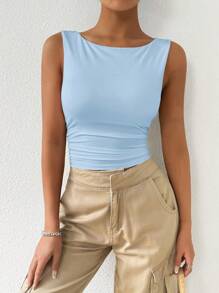 SHEIN EZwear Light Blue Cotton Lined Sleeveless Tank Top, Spring/Summer Y2k - Baby Blue - View 4