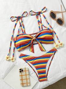 SHEIN Swim 2 pezzi Set di costumi da bagno con stampa a righe arcobaleno, lacci e decorazione floreale, stile sexy, carino e casual per le donne - Multicolore - Visualizzare 1