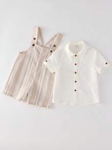 SHEIN 2 件套年轻男孩夏季可爱百搭条纹工装裤搭配白色纽扣衬衫套装适合生日派对、正式场合、表演、婚礼、学校、度假、春夏季 - 彩色 - 查看 3