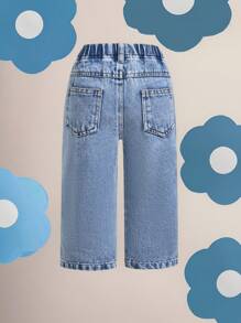 Denimly Baby/Baby Girl Versatile Comfortable Casual Loose Butterfly Printed Ripped Distressed Fashion Straight Leg Jeans, Lightweight, Spring/Autumn - Medium Wash - View 2