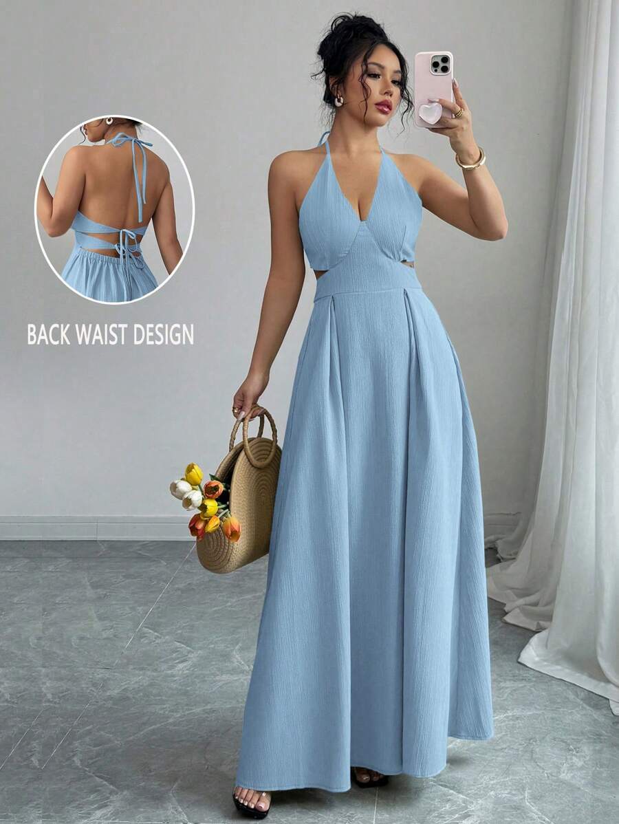 Elenzga Summer Vacation Style Lace-Up Solid Deep V-Neck Hollow Out Dress - Baby Blue - View 1