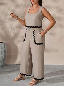 SHEIN Tall 2 Pieces Set For Plus Size Women: Contrast Color Ruffled Square Neck Sleeveless Crop Top And Wide Leg Pants - Apricot - View 4