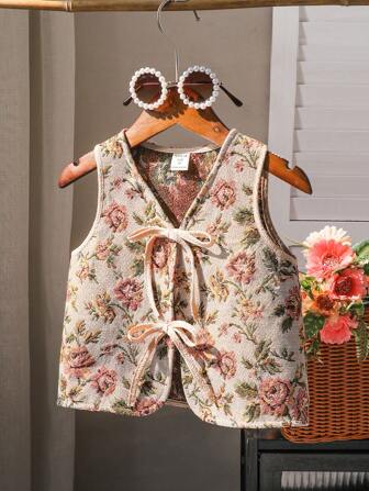 SHEIN X Scheana Débardeur casual à jacquard floral mignon avec décoration de nœud à l'avant, printemps/été. Mignon, élégant, doux, vintage et .