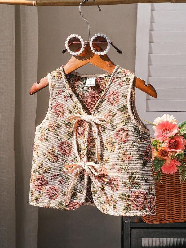 SHEIN X Scheana Young Girl Front Bow Decor Ditsy Floral Jacquard Casual Tank Top Spring/Summer, Cute & Elegant & Sweet & Vintage & Fashionable.
