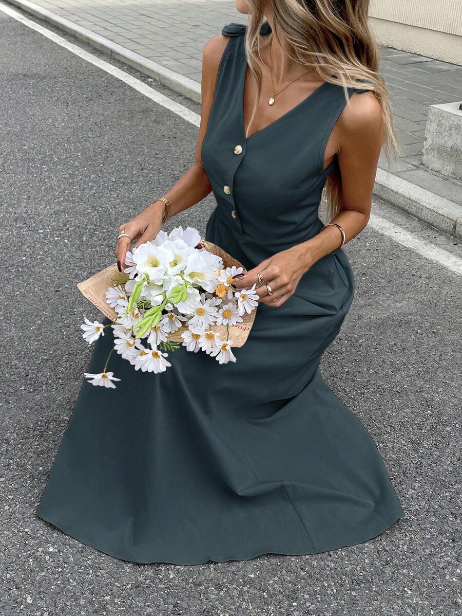 SHEIN Frenchy 女士纯色中长连衣裙，夏季时尚 - 霧霾藍 - 查看 1