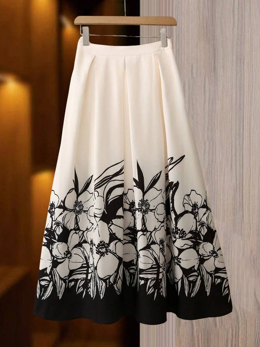 EMERY ROSE Women's 2025 New Digital Print Positioning Flower Skirt Fall Cloth For Women - Black and White - View 1