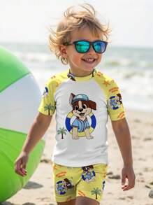 SHEIN Baby Jungen süßer Hund Muster lässiges schlankes Rundhals Kurzarm Top und Shorts Badeanzug Set, geeignet für den Sommer - Verschiedenfarbig - Übersicht 2