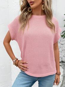 SHEIN LUNE 女式休闲圆领落肩插肩袖基本款条纹华夫格纹理 T 恤，优雅适合度假和户外穿着 - 粉色 - 查看 6