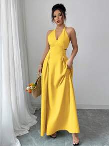 Elenzga 度假风深V露背镂空黄色长裙，纯色 - 黃色 - 查看 7