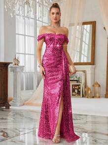 SHEIN Belle Women Sequin Off-Shoulder Sleeveless Cinched Waist High Slit Formal Dress, Elegant Prom Evening Dress. Women Party Dresses Women's Formal Dress Women Formal Dress Women Formal Long Dress Women Dresses Wedding Guest Dress - Hot Pink - View 1