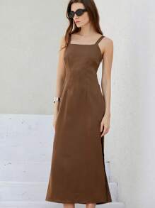 Aveloria Modichic New Elegant French Style Women's Charming High-End Sense Simple Loose Fit Square Neck Cinched Cinched Waist Backbow Tie-Up Satin Slip Long Dress