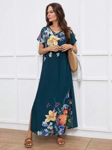 EMERY ROSE V-Neck Short Sleeve Floral Print Side Slit Dress, Resort Vacation Style For Women, Spring & Summer - Green - View 4