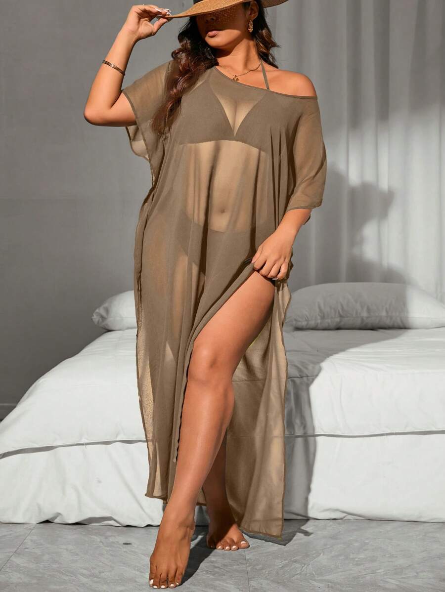 Slaydiva 加大码网眼罩衫纯色休闲泳衣罩衫，适合夏季