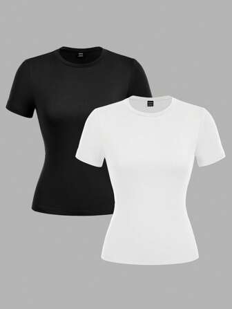 SHEIN EZwear 2 Pcs Casual Minimalist Basic Crew Neck Short Sleeve T-Shirts, Suitable For Spring/Summer Layering Suitable For Going Out