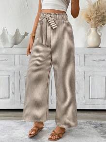 SHEIN LUNE Striped Casual Loose Straight Wide Leg Pants, Draping Effect Make Legs Look Long, Women, Spring/Autumn - Brown - View 3