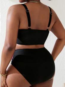 Slaydiva Plus Size Women 2pcs/Set Black & Pink Splice Ruffled Strap Bikini Swimsuit, Summer Beach Holiday