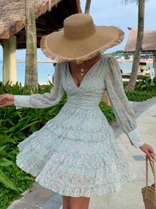 DAZY Robe courte à col en V, style vacances, avec imprimé floral, taille cintrée et volants. Tenue de plage, robe d'automne à manches longues, style bohème - Bleu azur - Voir 6