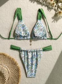 SHEIN Swim 2pcs/Set Women Swimsuit, Random Floral Print Patchwork Solid Color, Double Fabric Chest With Extra Material Top And Shorts, Suitable For Beach,Swimming,Vacation,Pool, Cute Young Girl Style For Summer - Multicolor - View 8