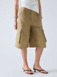 LYSMO 宽松多口袋工装百慕大短裤 - 卡其色 - 查看 4