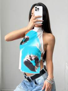 SHEIN EZwear ملابس علوية حريمي ذات ياقة مرتفعة وظهر مكشوف، وألوان متباينة، صيفي