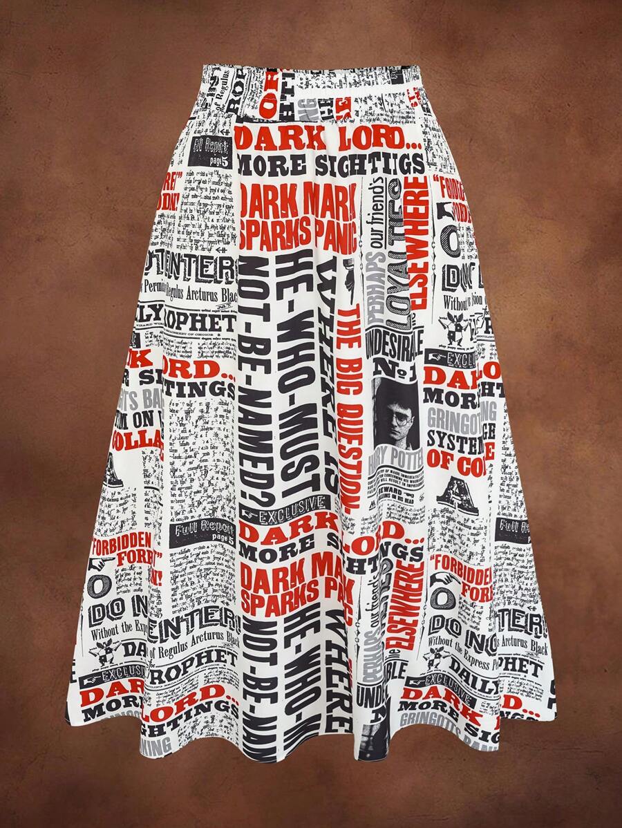 HARRY POTTER X SHEIN Plus Size Casual Newspapers Print Elastic Waist Skirt Summer For Women/ Summer / Summer / European Summer Elegant Casual Skirts Old Money Style Women/Old Money Club Women Sexy Easter / Easter Skirt Women/ Easter Women Skirt Classy Elegant