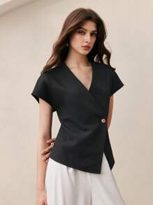 BizChic 女式黑色金属纽扣 V 领短袖衬衫，都市通勤办公室商务休闲优雅正式衬衫上衣