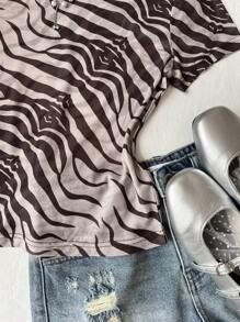 SHEIN Unity Women's Sheer Zebra Print Mesh T-Shirt, Summer - Coffee Brown - View 3