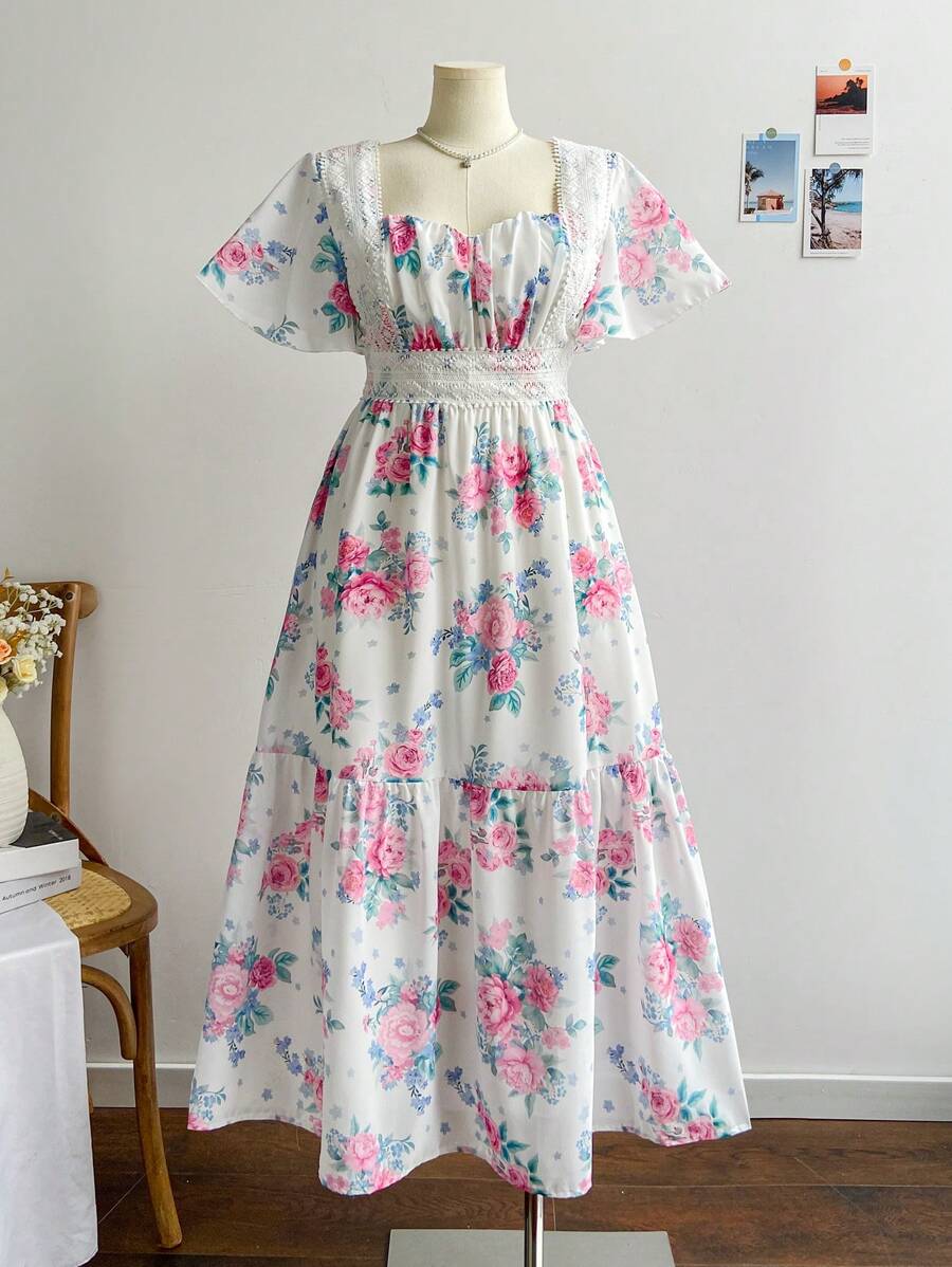 Dreamara Plus Size Women's Floral Print Sweetheart Neck Tea Party Dress Bohemian Boho  Romantic Floral  Vacation Floral - Multicolor - View 1