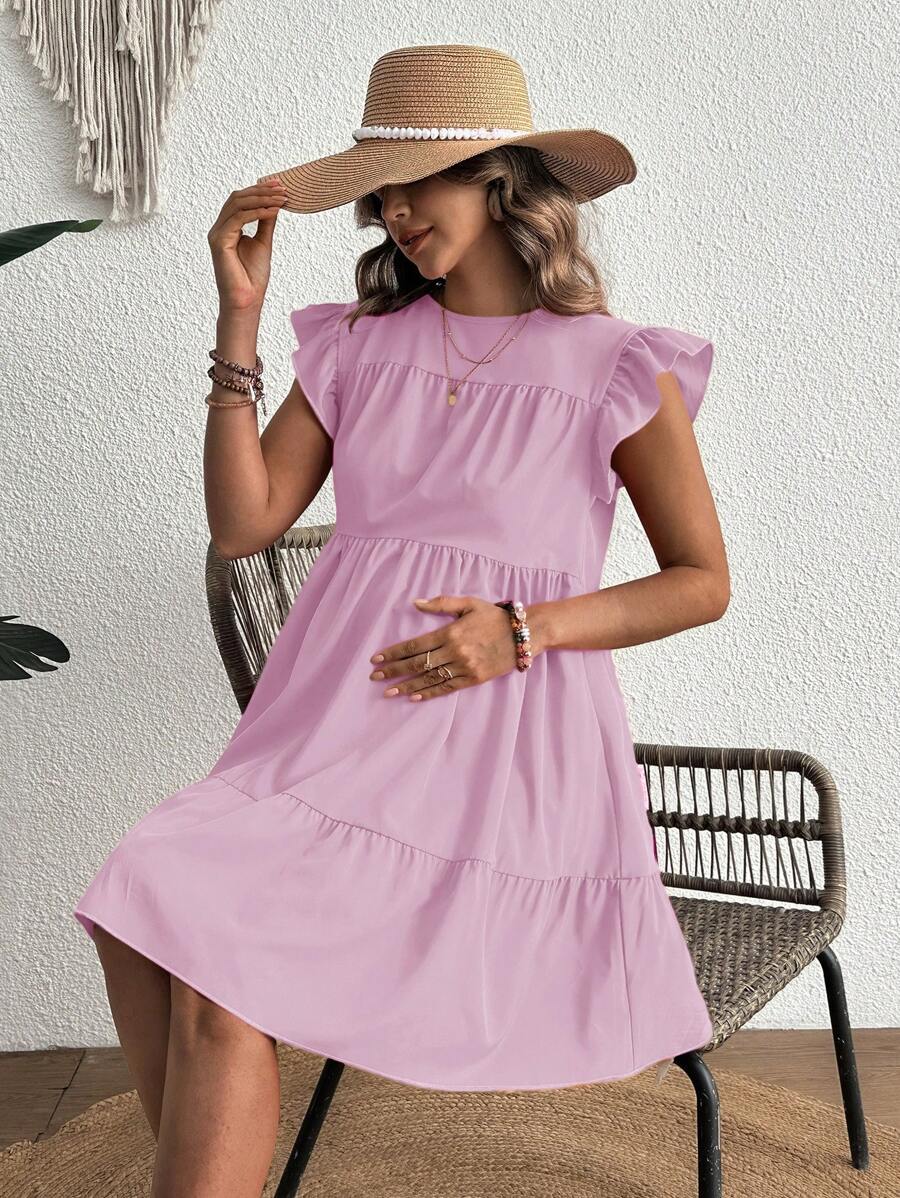 SHEIN Women's Fashion Ruffled Hem Dress Maternity Dress, Suitable For Summer - Pink - View 1