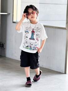 2 Stücke Genkimix Kleinkind Jungen Sommer Set aus Cartoon Grafik Buchstaben bedrucktem bequemem Rundhals T-Shirt und einfarbiger lässiger Cargoshorts