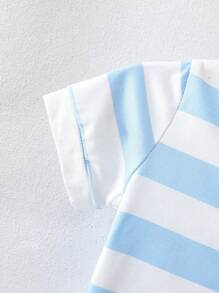 SHEIN 2pcs Newborn Baby Boy/Unisex White & Blue Striped Short Sleeve Polo Shirt And Blue Shorts Outfit Sets, Comfortable Cotton Fabric, Soft And Skin-Friendly, Spring/Summer, 0-3 Months, Suitable For Indoor Or Outdoor Play - Multicolor - View 8