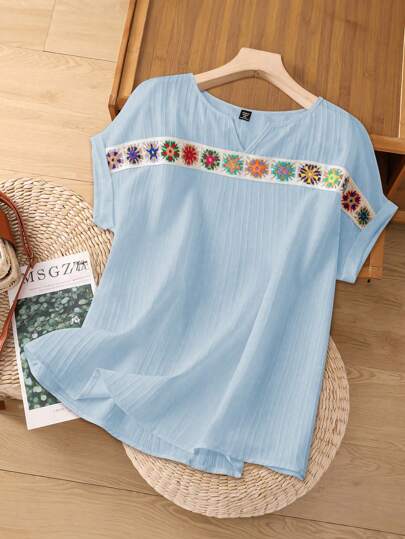 Linhara 1 pieza Blusa holgada casual de manga corta con cuello con muesca, de talla grande, en estilo de remiendo de ganchillo colorido, versátil para vacaciones y uso diario, para primavera/verano