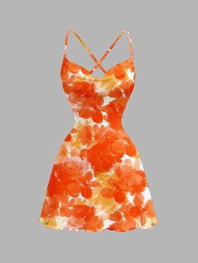 SHEIN MOD 休闲简约全印花垂坠领无袖迷你连衣裙，适合夏季度假穿着