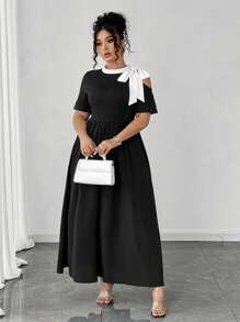 Elenzga Summer Open Shoulder Colorblock Tie-Bow Dress