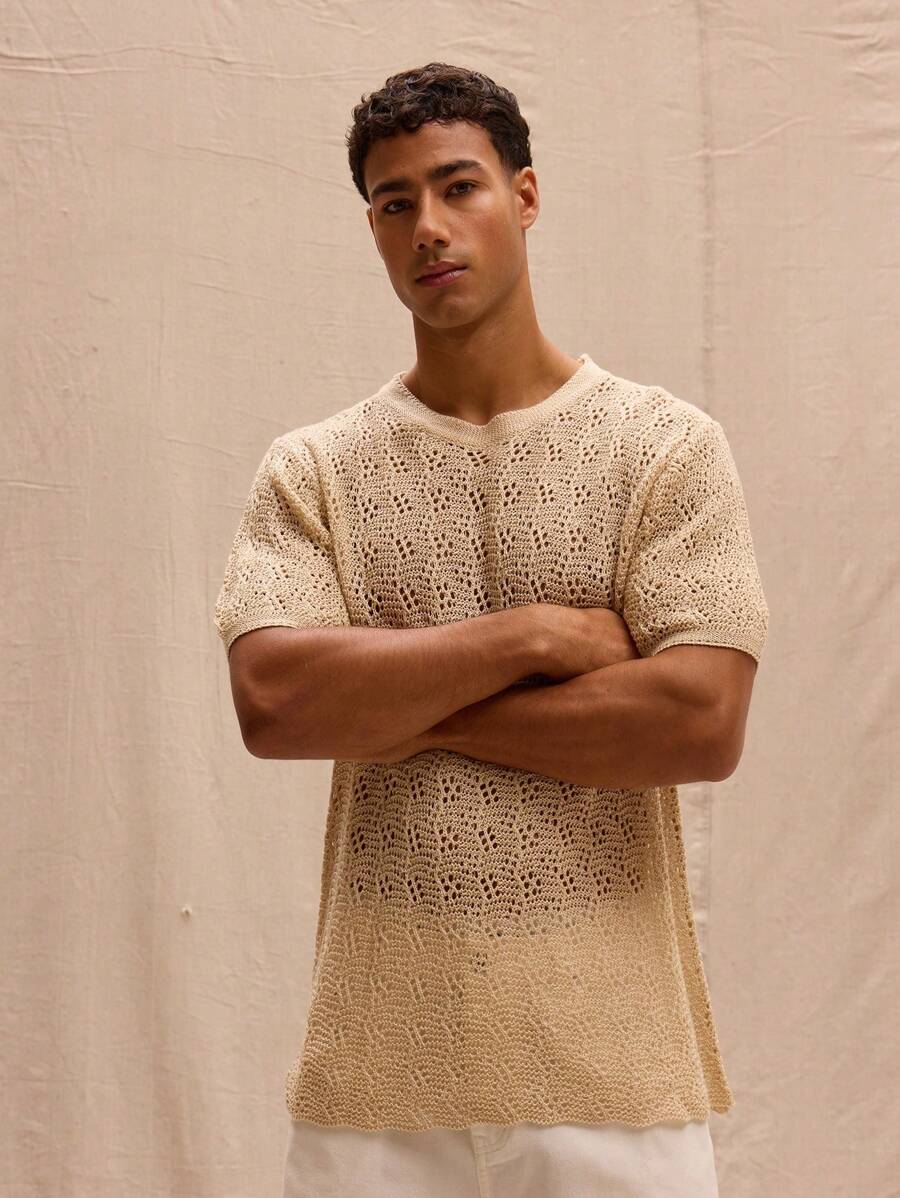 Musero 宽松轻盈钩针编织上衣，春夏街头风，假日海滩度假必备 - 杏色 - 查看 1