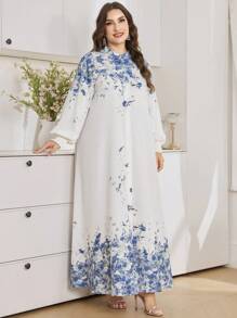 Graceveil Women Plus Size Stand Collar Lantern Sleeve Loose Positioning Print Elegant Comfortable Arabic Dress, Modest - Multicolor - View 6