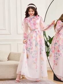 SHEIN Teen Girl Colorful Stand Collar, Lantern Sleeve, Big Bow, Floral Printed, Organza Fabric, Waist Cinched Elegant Dress - Multicolor - View 4