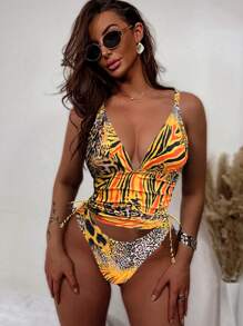 Swim SXY 2pcs Leopard Print V-Neck Backless Beach Bikini Set, Women Summer Swimsuit - Multicolor - View 1