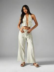 MISSGUIDED Stripe Halter Neck Waist Detail Top And Wide Leg Pants Two Piece Co Ord Set