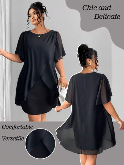 SHEIN LUNE 大码圆领聚肩褶皱 3/4 袖针织腰带紧身优雅连衣裙，适合外出