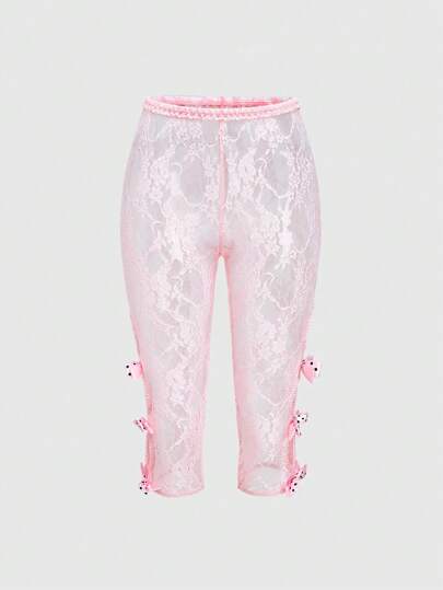 ROMWE Avant سروال للنساء من الدانتيل المطاطي بقوس ملون على الشكل البالية بطراز عام 2000