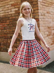 2Pcs/Set Girls Solid Color Camisole Top With Bow Print And Plaid Skirt Suit - White - View 4