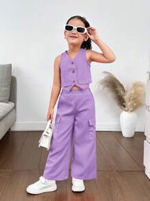SHEIN 少女休闲春夏平纹梭织无袖背心和裤子套装 - 紫色 - 查看 1