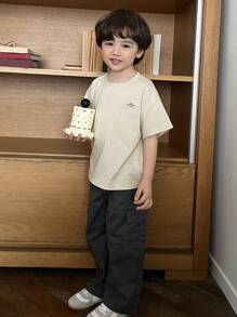 Hapijoa Kids Fall Clothes - Young Boys Printed Crew Neck Knit Short Sleeve T-Shirt, Summer - Beige - View 3