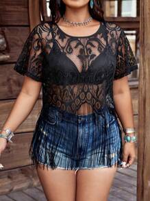 Breezaya Blusa de manga corta de encaje transparente con flecos y calados, estilo bohemio informal de vacaciones para mujer de talla grande