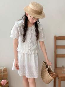 DAZY Tween Girls' Summer Fashionable Swiss Dot Puff Sleeve Top & Skirt 2-Piece Set Vacation - White - View 4