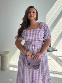 Firerie Collegiate Style Cinched Waist Dress Puff Sleeve Short Sleeve Dress Blue & White Plaid Collar Midi Dress Plus Size Women's Puff Sleeve Mid-Length Dress, Blue And White Check Hawaiian Dress Flowy Dress Country Dress Summer Women Dresses - Purple - View 6